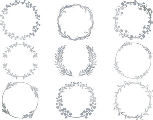 シルバーのリーフ・植物のリース・フレームセット　ベクター素材