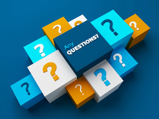 3D render of perspective view of ANY QUESTIONS? concept with questions marks on colorful cubes on dark blue background