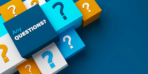 3D render of wide perspective view of ANY QUESTIONS? concept with questions marks on colorful cubes on dark blue background