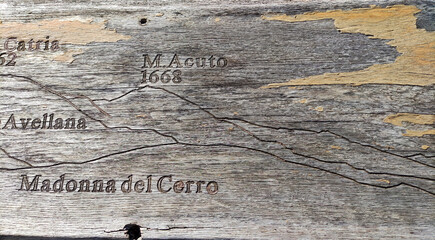 Vecchia tavola di legno incisa con le indicazioni altezza monti