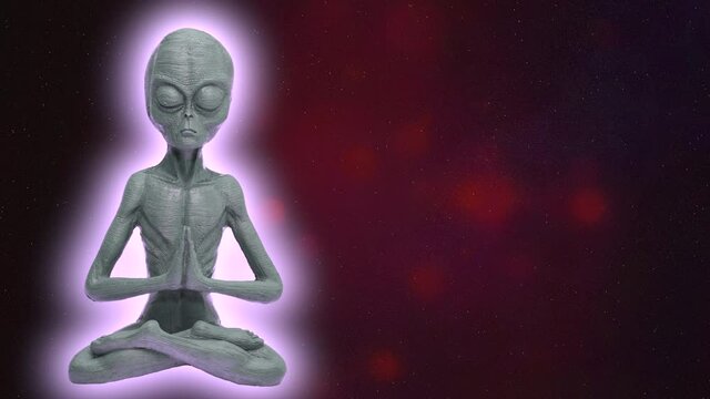 Colorful glowing Alien Monster doing yoga stretch training in space with flying orbits in background - Futuristic prores animation of concentrate Monster doing meditation - Copy Space