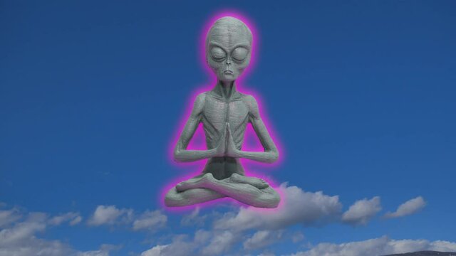 Computer animation of Alien doing Yoga Exercise with closed eyes in front of flying clouds at blue sky in background - TIme lapse shot - Glowing Alien relaxing with cross-legged