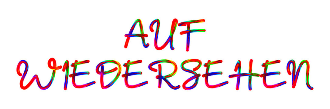 Auf Wiedersehen - text written with colorful custom font on white background. Colorful Alphabet Design 3D Typography