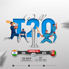 World T20 Cricket Match Of India VS Afghanistan Between With Faceless Players And 3D Silver Trophy Cup On Gray Halftone Background.