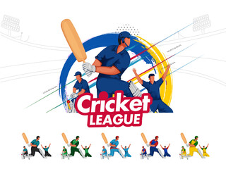 Sticker Style Cricket League Text With Participating Countries Team Players And Brush Stroke Effect On White Stadium Background.