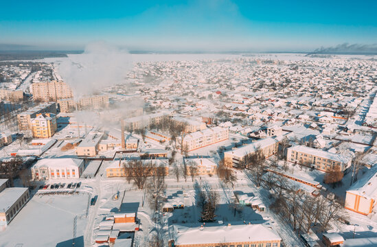 Dobrush, Gomel Region, Belarus. Aerial View Of Skyline Cityscape In Sunny Winter Day. Snowy Landscape Cityscape Skyline