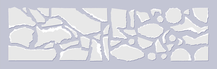 Fototapeta na wymiar Set of torn gray paper with a white edge isolated on a grey background. Vector illustration of small scraps of torn paper of different sizes and shapes. Crumbled colored pieces of pages.