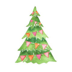 Watercolor christmas tree with garland