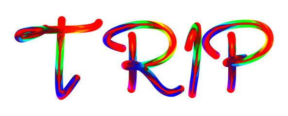 Trip - text written with colorful custom font on white background. Colorful Alphabet Design 3D Typography
