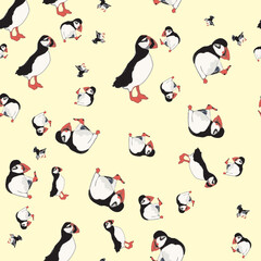 Vector yellow background ocean seabird, arctic birds, puffins. Seamless pattern background