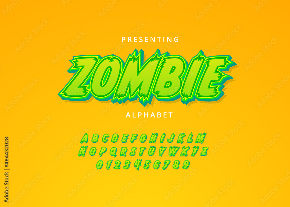 Poster playful zombie cartoon style custom font design, set of letters and numbers