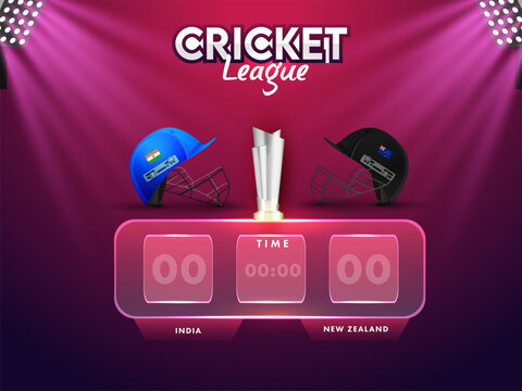 Cricket Digital Scoreboard Of Participating Team India VS New Zealand With 3D Silver Winning Trophy And Stadium Lights On Pink And Purple Background.