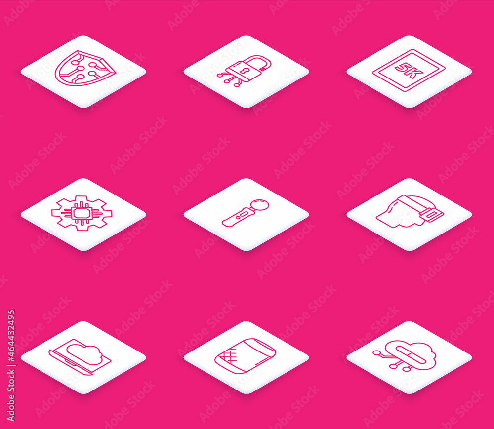 Poster set line cyber security, lock on digital circuit board, tablet with text 5k, processor, gamepad, vir