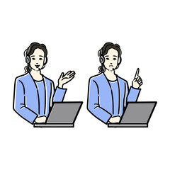 Fototapeta na wymiar 若い日本人のインカムマイクをつけたオペレーターがPCに向かい座っているシンプルな線画