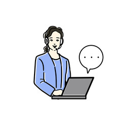若い日本人のインカムマイクをつけたオペレーターがPCに向かい座って笑顔で何か喋っているシンプルな線画