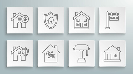 Set line House with shield, percant discount tag, Table lamp, Home symbol, Hanging sign text Sale and dollar icon. Vector