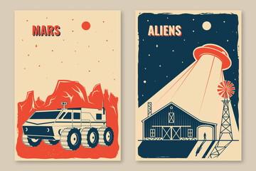 Space posters, banners, flyers. Vector Concept for shirt, print, stamp, overlay or template. Vintage typography design with ufo flying spaceship, rover on the mars and mountain silhouette. © sivvector