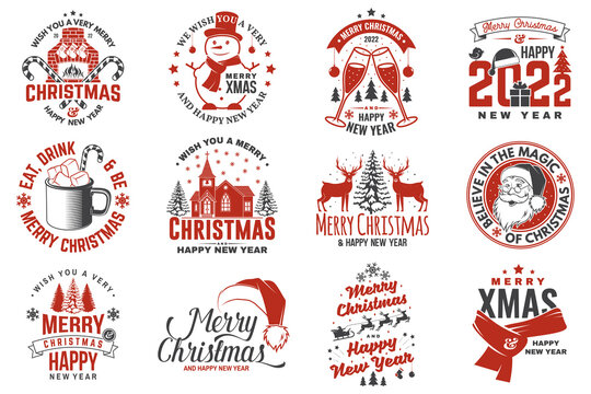 Set of Merry Christmas and 2022 Happy New Year stamp, sticker Set quotes with snowflakes, snowman, santa claus, candy, sweet candy, cookies. Vector Vintage typography design for xmas, new year emblem.
