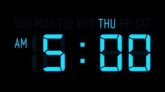 Loopable: Blue LED digital clock displays the current time at Thursday in 12-hours AM/PM format updating 1 minute per frame. Animated digits on black background.