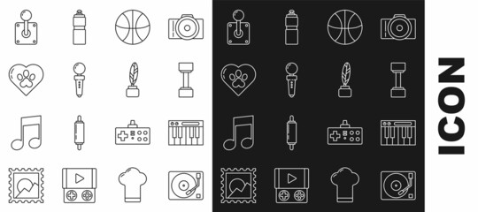 Set line Vinyl player with a vinyl disk, Music synthesizer, Dumbbell, Basketball ball, Joystick for arcade machine, Heart animals footprint, and Feather and inkwell icon. Vector