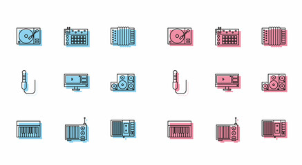 Set line Music synthesizer, Radio with antenna, Vinyl player vinyl disk, tape, Video recorder or editor software on monitor, Stereo speaker, Audio jack and Drum machine icon. Vector