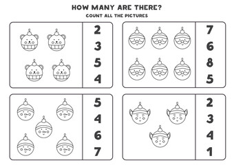 Counting game with Christmas baubles. Educational worksheet.