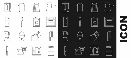 Set line Open matchbox and matches, Meat chopper, Oven, Grater, Spoon, Refrigerator, Kettle with handle and Cookbook icon. Vector