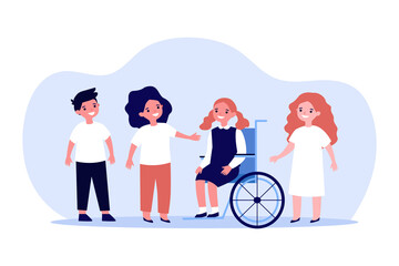 Happy girl with disability with group of friends. Child sitting in wheelchair flat vector illustration. Support for people with disability concept for banner, website design or landing web page - obrazy, fototapety, plakaty