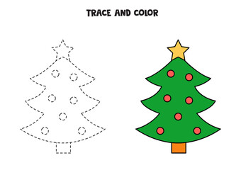 Trace and color Christmas tree. Worksheet for kids.