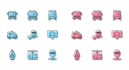 Set line Car key with remote, Cable car, Bus, Map pointer taxi, Hand on map, Ambulance emergency and icon. Vector
