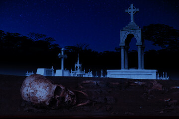 Scary skeleton on graveyard and tombstones on creepy cemetery at night. halloween concept.