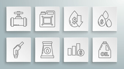 Set line Gasoline pump nozzle, Oil and industrial factory building, Pie chart infographic dollar, motor machine oil, Drop crude price, drop with symbol and Industry metallic pipes valve icon. Vector