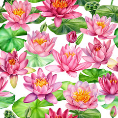 Lotus flowers, hand drawn watercolor painting, seamless, invitation, packaging and background template. 