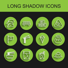 Set line Asian noodles in bowl and chopsticks, Rstaurant opened take out box filled, Chinese fortune cookie, paper, Khinkali on cutting board, Maneki neko cat and Temaki roll icon. Vector