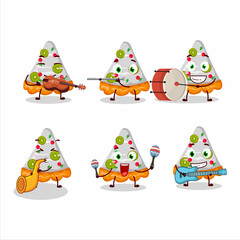 Cartoon character of slice of fruit tart playing some musical instruments