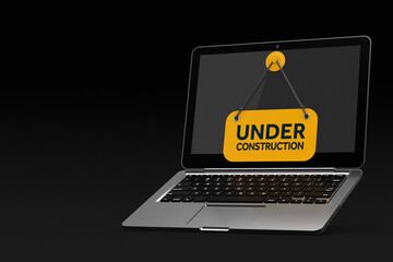 Modern Laptop with Yellow Under Construction Hanging Banner Sign. 3d Rendering