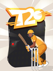 Sticker Style T20 Font With Faceless Cricket Batter Hits Ball On Black And Gray Rays Background And Copy Space.