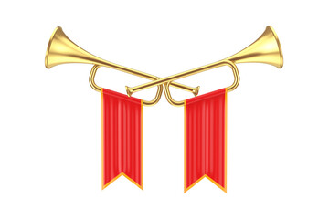 Golden Fanfare Trumpets with Red Flags. 3d Rendering © doomu