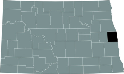 Black highlighted location map of the Traill County inside gray administrative map of the Federal State of North Dakota, USA