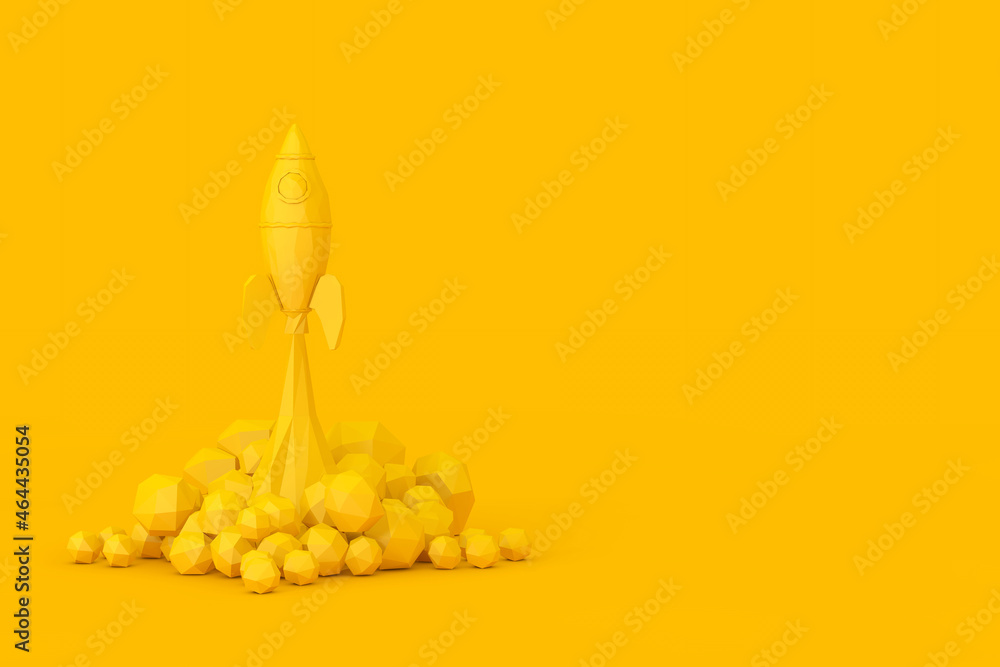 Aufkleber startup concept. yellow toy rocket takes off spewing smoke in low poly style. 3d rendering
