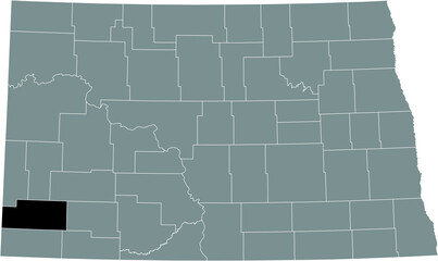 Black highlighted location map of the Slope County inside gray administrative map of the Federal State of North Dakota, USA