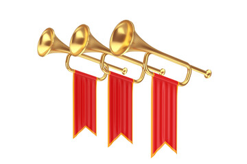 Golden Fanfare Trumpets with Red Flags. 3d Rendering © doomu