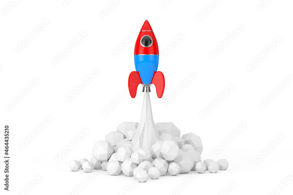 Poster startup concept. toy rocket takes off spewing smoke. 3d rendering