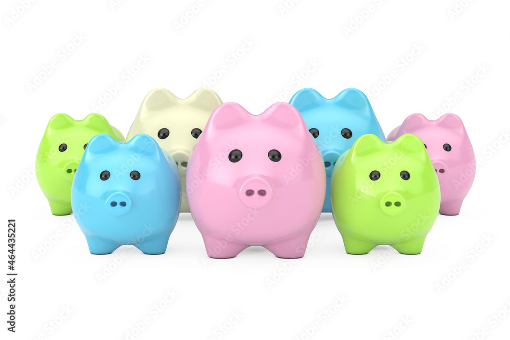 Poster row of colourful piggy banks. 3d rendering