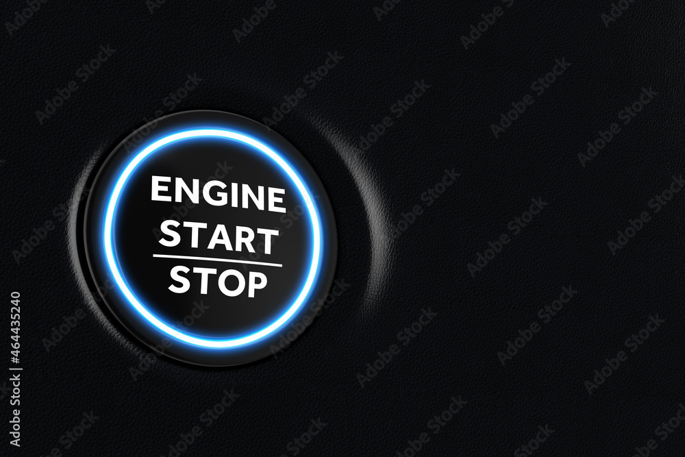 Poster start stop car engine button on a modern car dashboard interior. 3d rendering