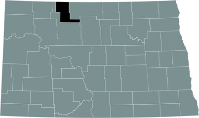 Black highlighted location map of the Renville County inside gray administrative map of the Federal State of North Dakota, USA