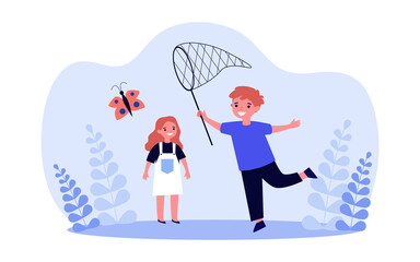 Boy catching flying butterfly with net. Cute little children playing together flat vector illustration. Summer game in playground, childhood concept for banner, website design or landing web page