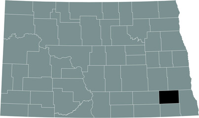 Black highlighted location map of the Ransom County inside gray administrative map of the Federal State of North Dakota, USA