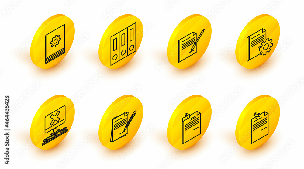 Poster set line note paper with pinned pushbutton, blank notebook pencil eraser, computer keyboard x mark, 