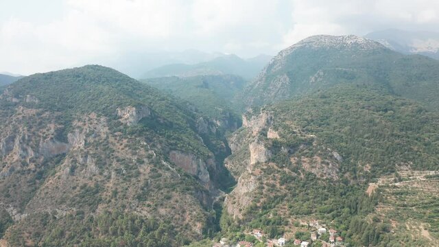 Mystras mountain range with huge gorge in the middle, Greece